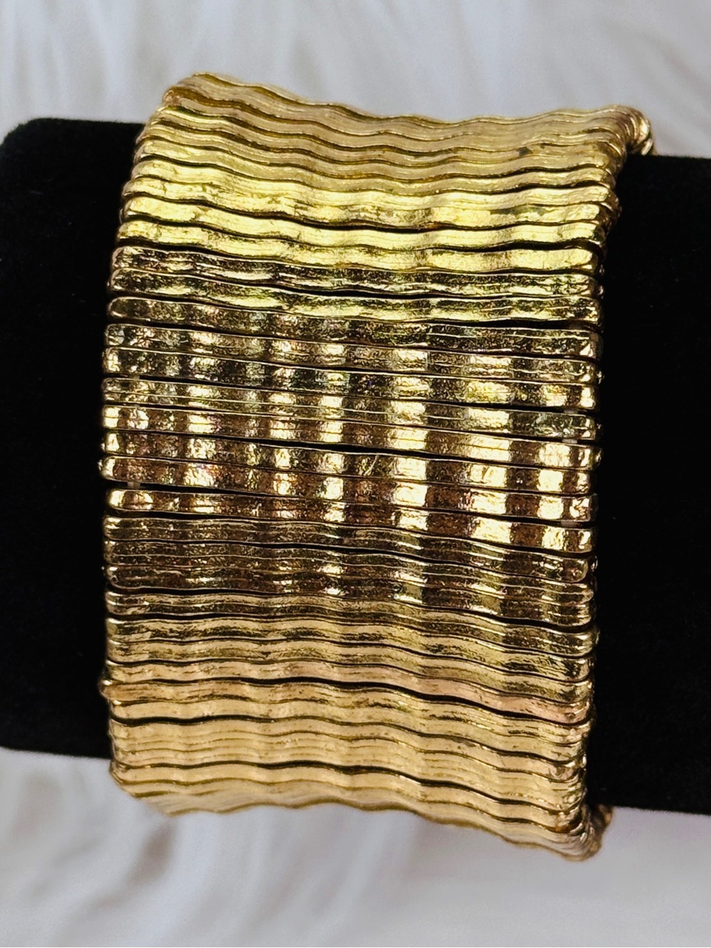 Goldtone Textured Wide Cuff Stretch Bracelet